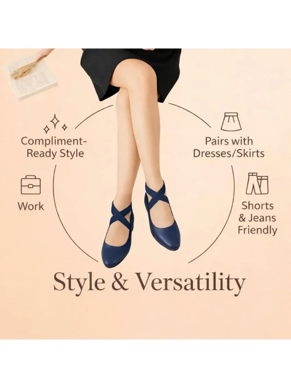 Women's Navy Blue Foam Cushioned Closed Toe Criss Cross Elastic Strap Flat Shoes